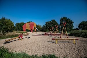 Park Mamuta- ujęcie na plac zabaw, widoczne drewniane huśtawki, bujak na sprężynie, karuzela, siedziska i mamut.