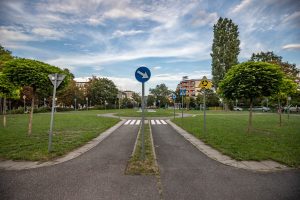 Plac Ludwika Zamenhofa- widok na rondo, po obu stronach place zieleni z młodymi nasadzeniami drzew.