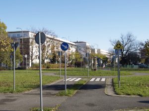 Plac Ludwika Zamenhofa- widok na rondo, w tle zabudowa miasta i zadrzewienie.