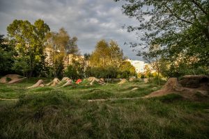 Skwer przy ul. Szybowcowej- widok na górki motokrosowe, w tle towarzyszące zadrzewienie.