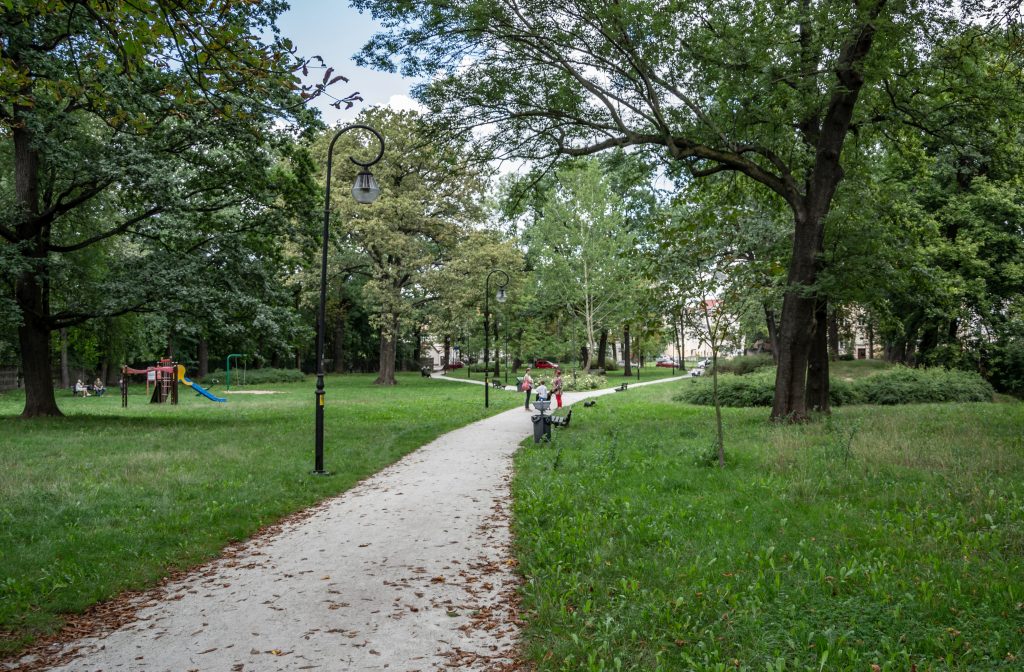 Skwer Andrzeja Kobla- widok na ścieżkę, po prawej stronie polana z okazami drzew i krzewów, po lewej stronie niewielki plac zabaw.