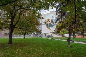 Zieleniec przy Placu Legionów- widok na polanę i pojedyncze okazy drzew, w tle budynek z muralem na elewacji.