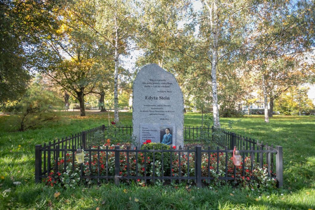 Park Św. Edyty Stein - Widok na ogrodzony pomnik św. Edyty Stein, na drugim planie okazy brzóz.