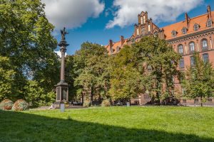 Pl. Katedralny- widok na polanę i Kolumnę Chrystusa Króla Wszechświata, po prawej stronie szpalery drzew.