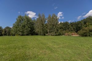 Park Złotnicki- widok na polanę, po prawej stronie fragment drewnianego placu zabaw. w tle zadrzewienie.