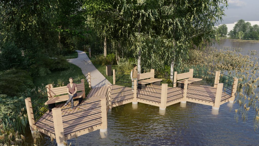 Wizualizacja przedstawia drewniany pomost nad zbiornikiem wodnym. 