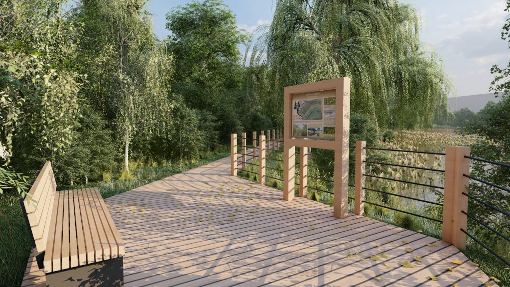 wizualizacja przedstawiająca pomost z tablicą informacyjną