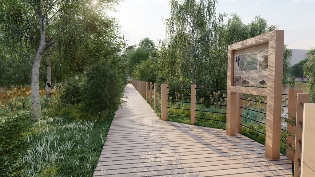 Wizualizacja przedstawia drewnianą ścieżkę i tablicę informacyjną.